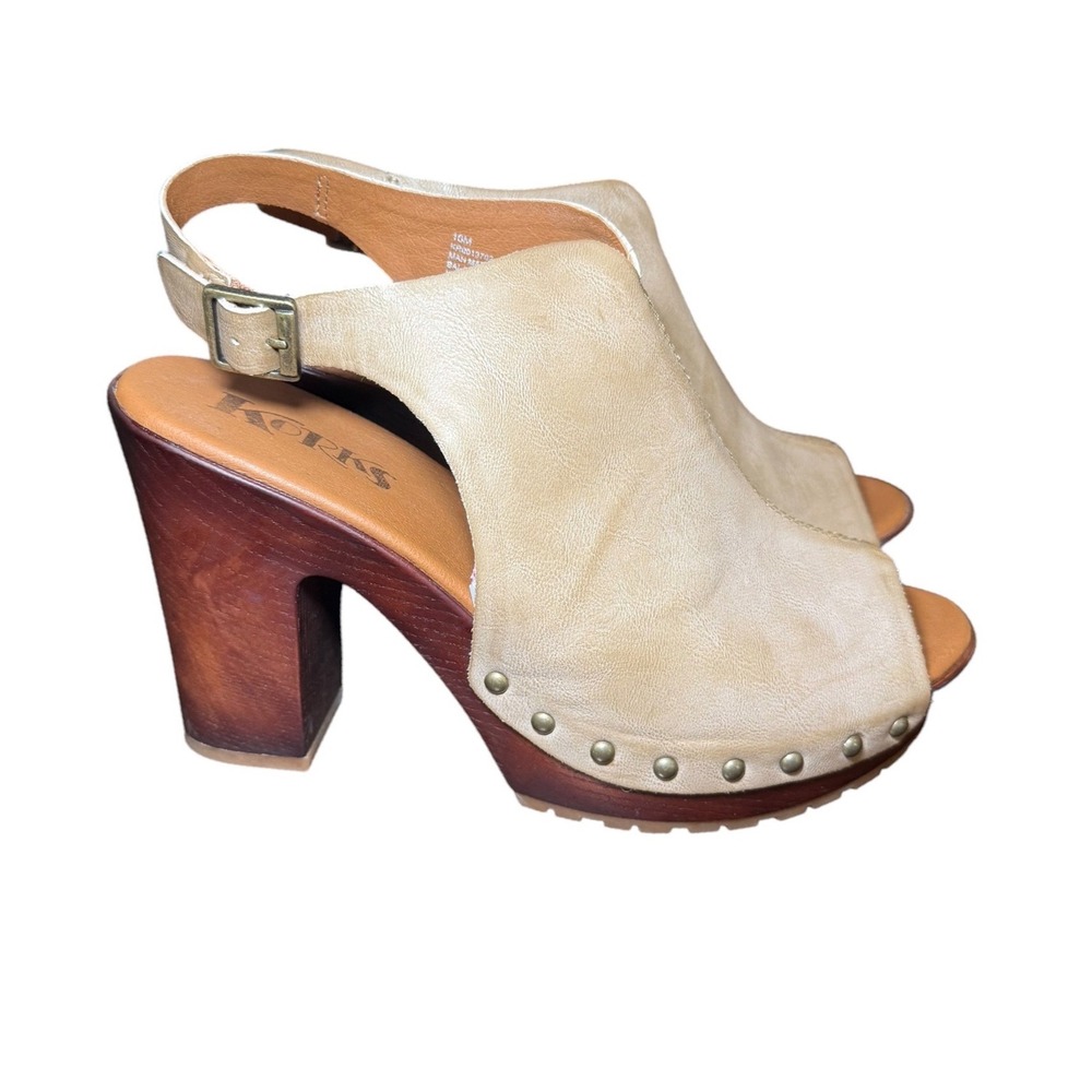 Korks Womens Tan Peep Toe Platform Block Heel Slingback Sandals Sz 10M KR0013702